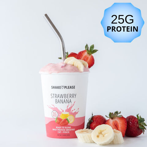 Premade Strawberry Banana Protein Smoothie – 25g Whey Protein, delivered frozen and ready to blend. Healthy smoothie delivery with fresh strawberries and bananas.