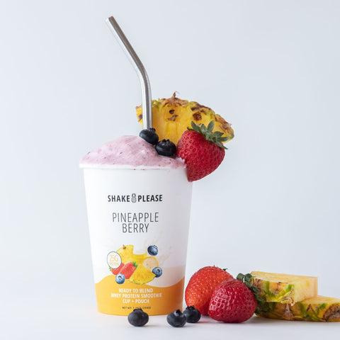 Pineapple Berry Protein Smoothie blended in a cup with garnish, without the protein banner.
